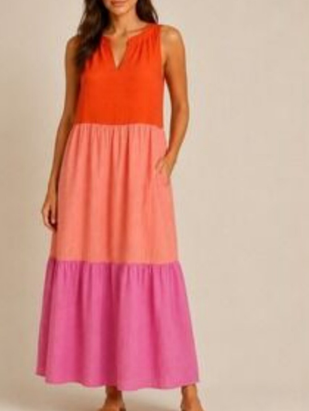 J. Jill Colorblock Tiered Maxi Dress in Orange, Coral & Pink